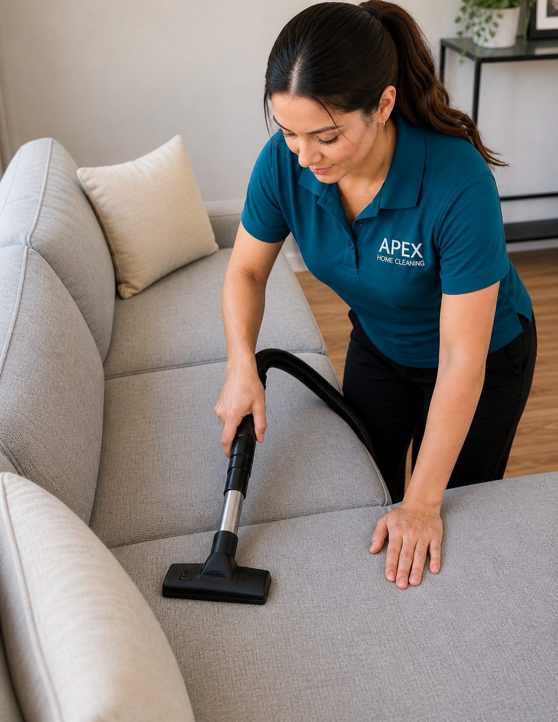 Apex pro vacuuming a sofa in a Temecula living room