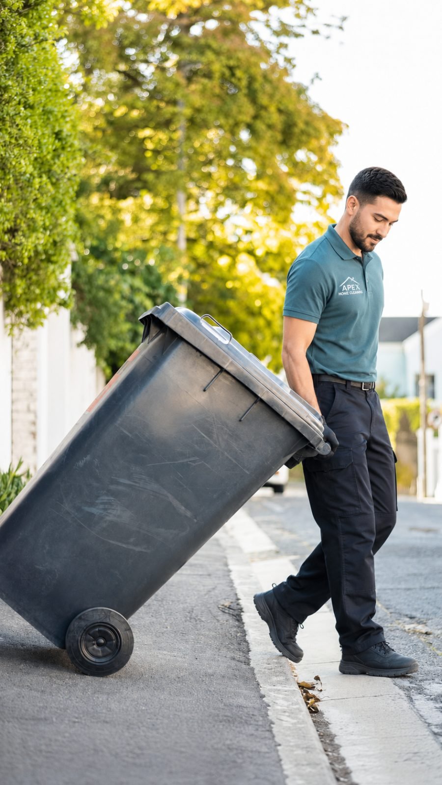 Apex professional rolling a curbside trash bin out from a Wildomar home