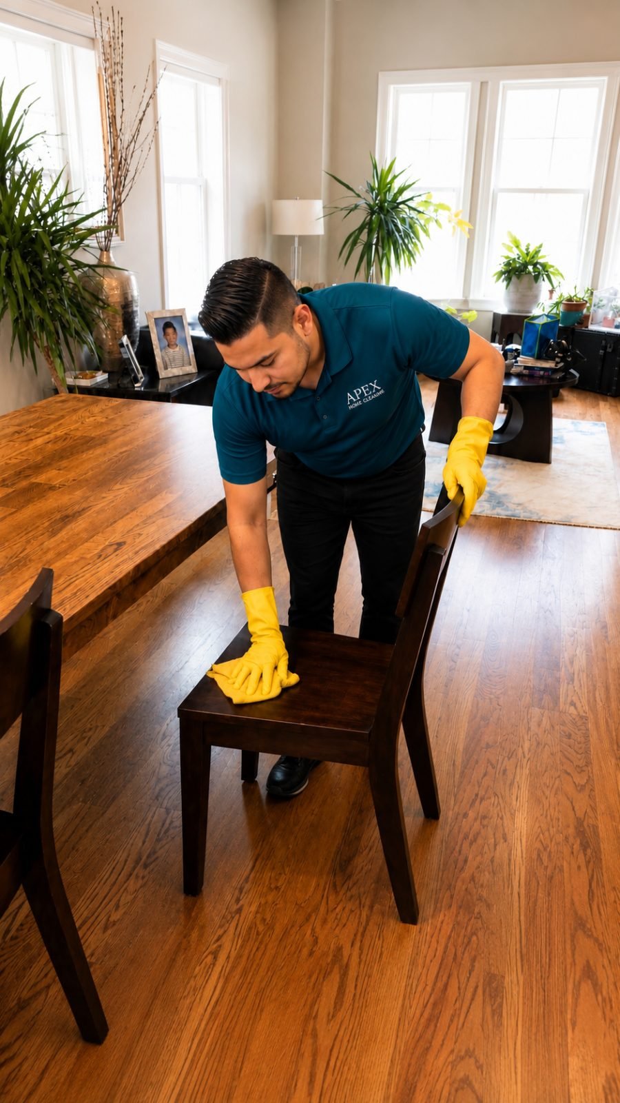 Apex Home Cleaning professional wiping down the interior of a refrigerator in a Winchester kitchen