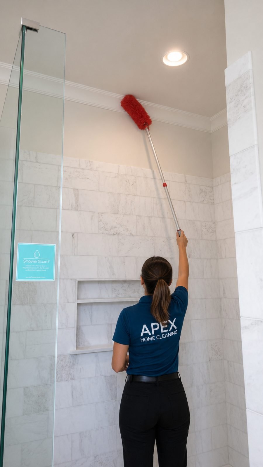 Apex professional dusting the ceiling above a marble-tiled shower with an extension duster in a Winchester bathroom