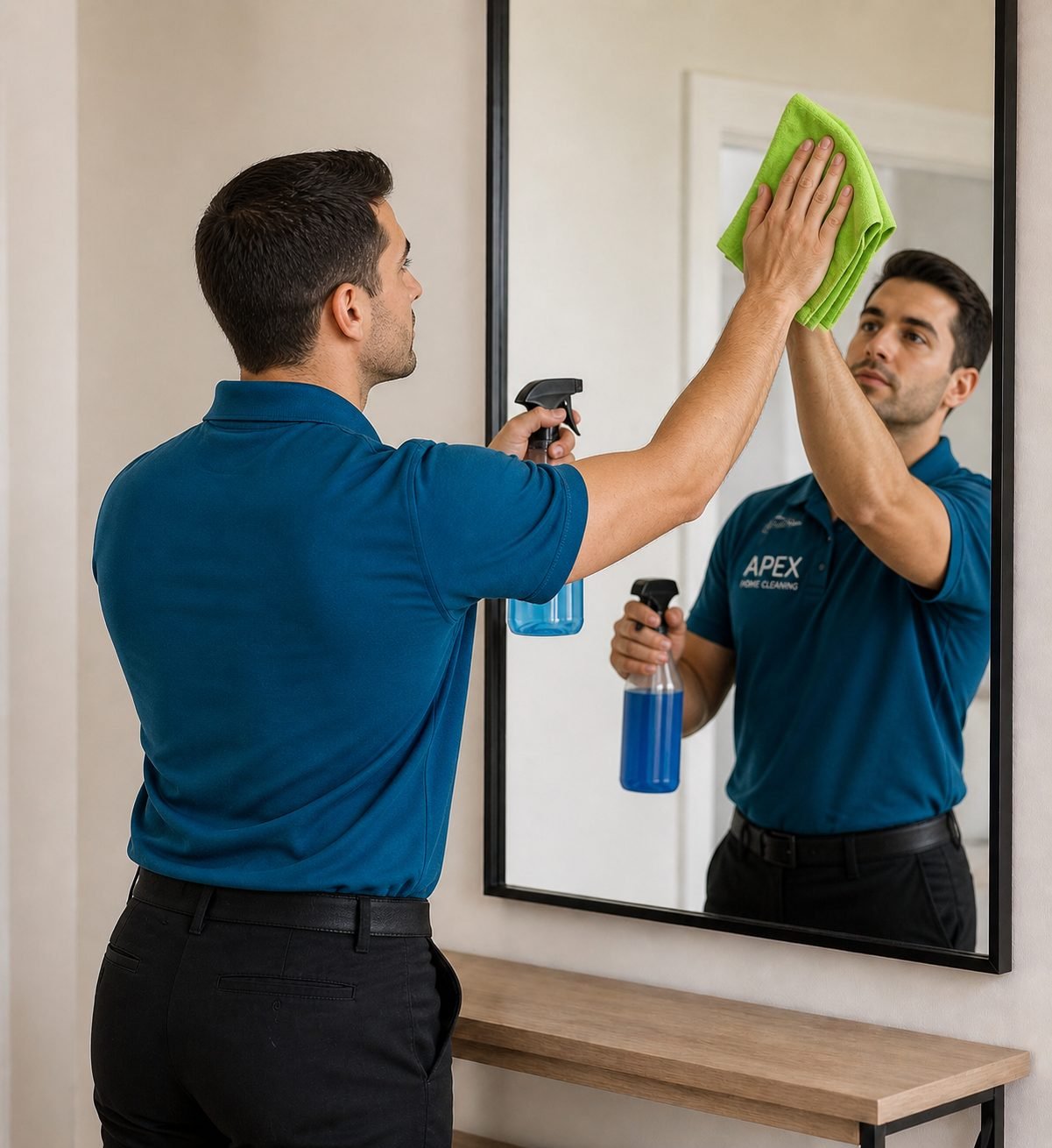 Apex pro detailing a mirror in a tidy Lake Elsinore home