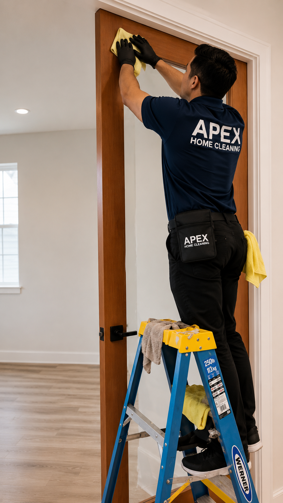 Apex pro on a ladder detailing a door frame and trim in a newly built Canyon Lake home