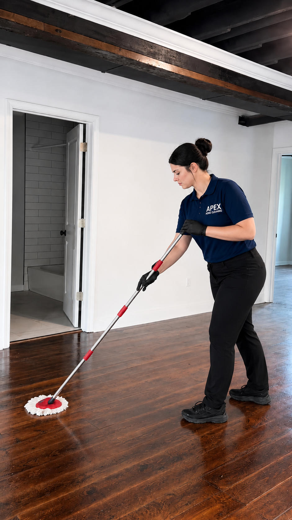 Apex pro mopping hardwood floors in a freshly renovated Canyon Lake home