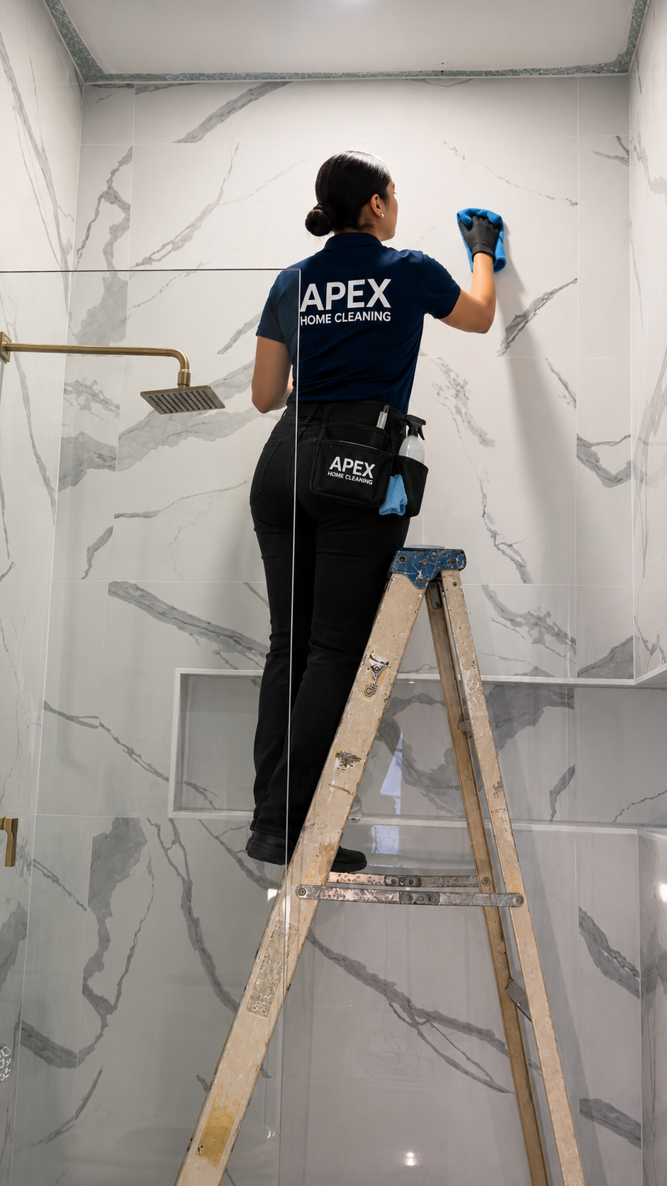 Apex pro on a ladder cleaning marble shower tile in a newly finished Canyon Lake bathroom