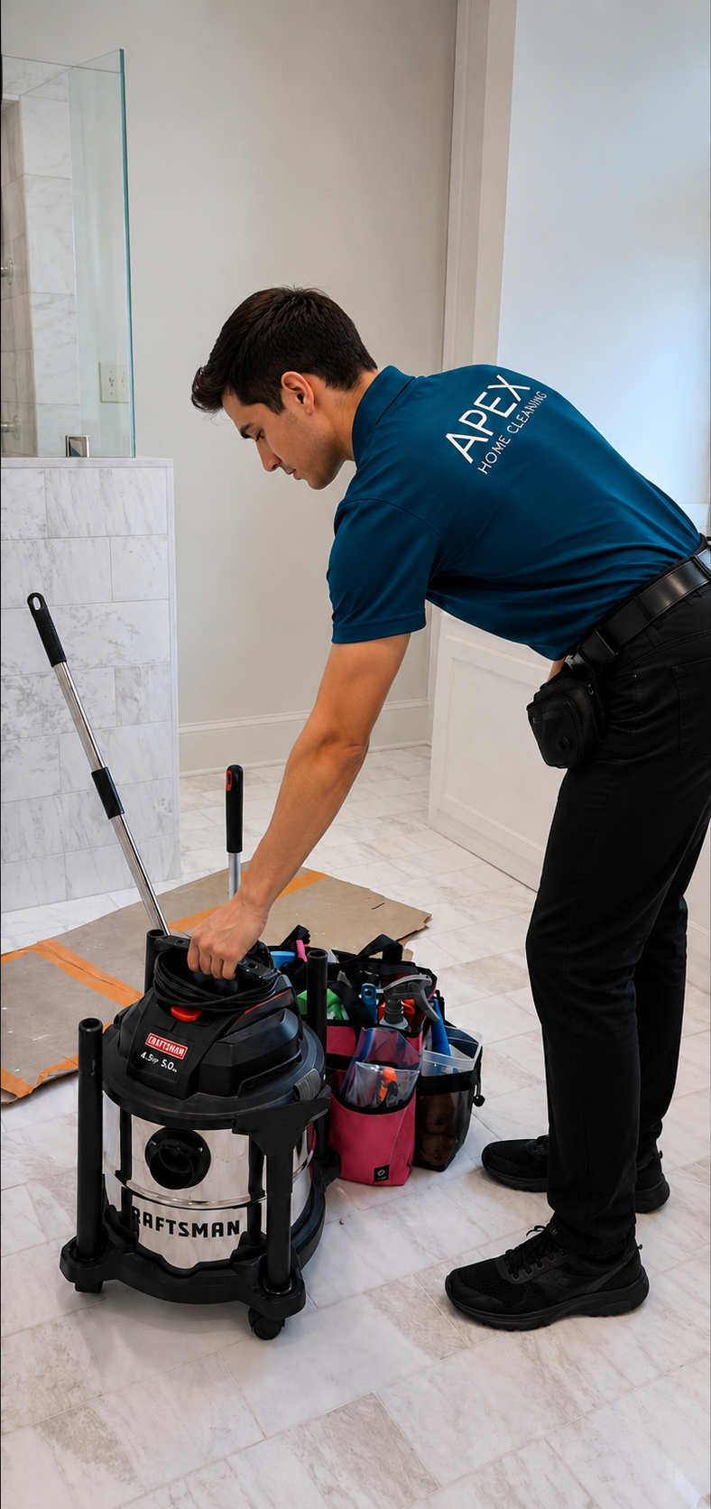 Apex pro setting up a HEPA shop vacuum for post-construction cleanup in a Fallbrook bathroom