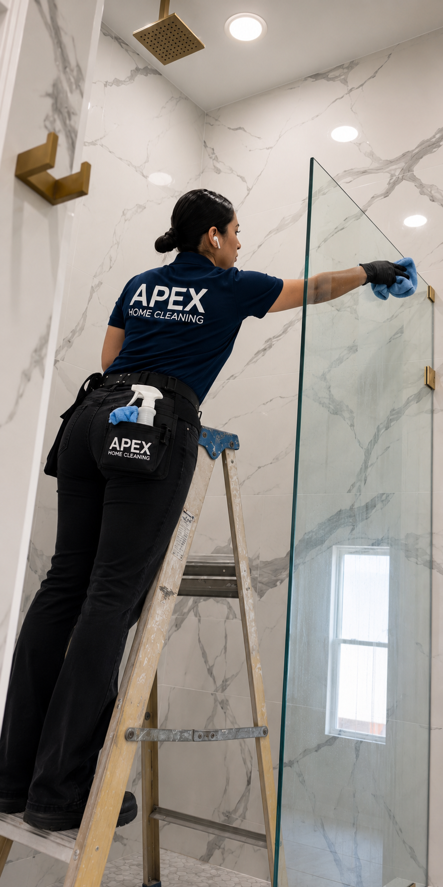 Apex pro wiping a glass shower panel from a ladder in a newly finished French Valley bathroom