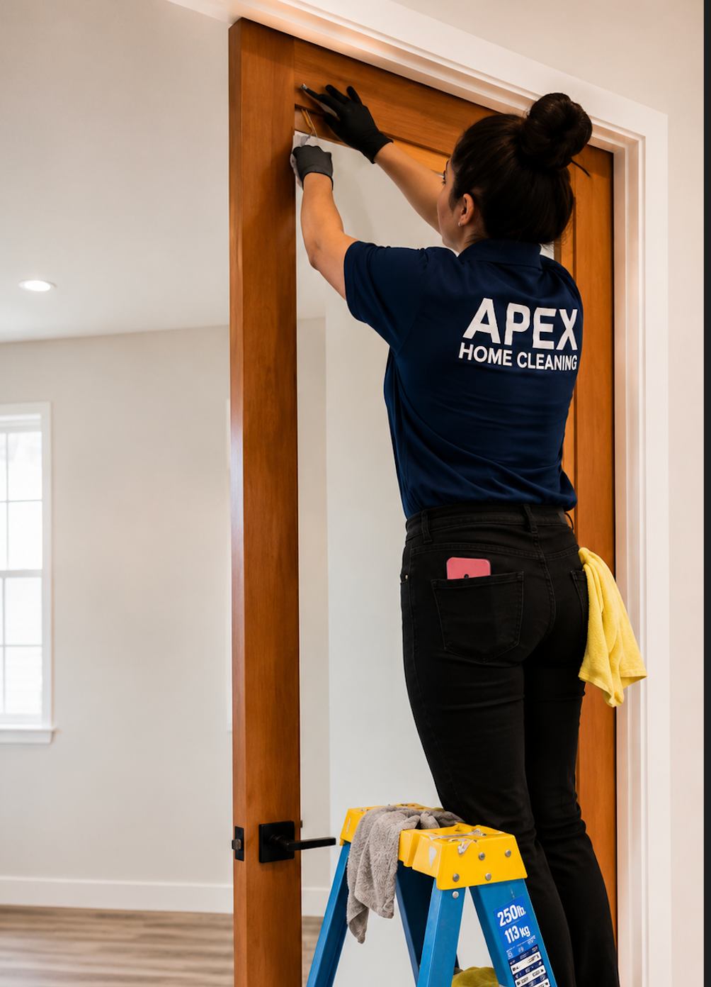 Apex pro detailing a door frame and trim in a freshly finished Moreno Valley home
