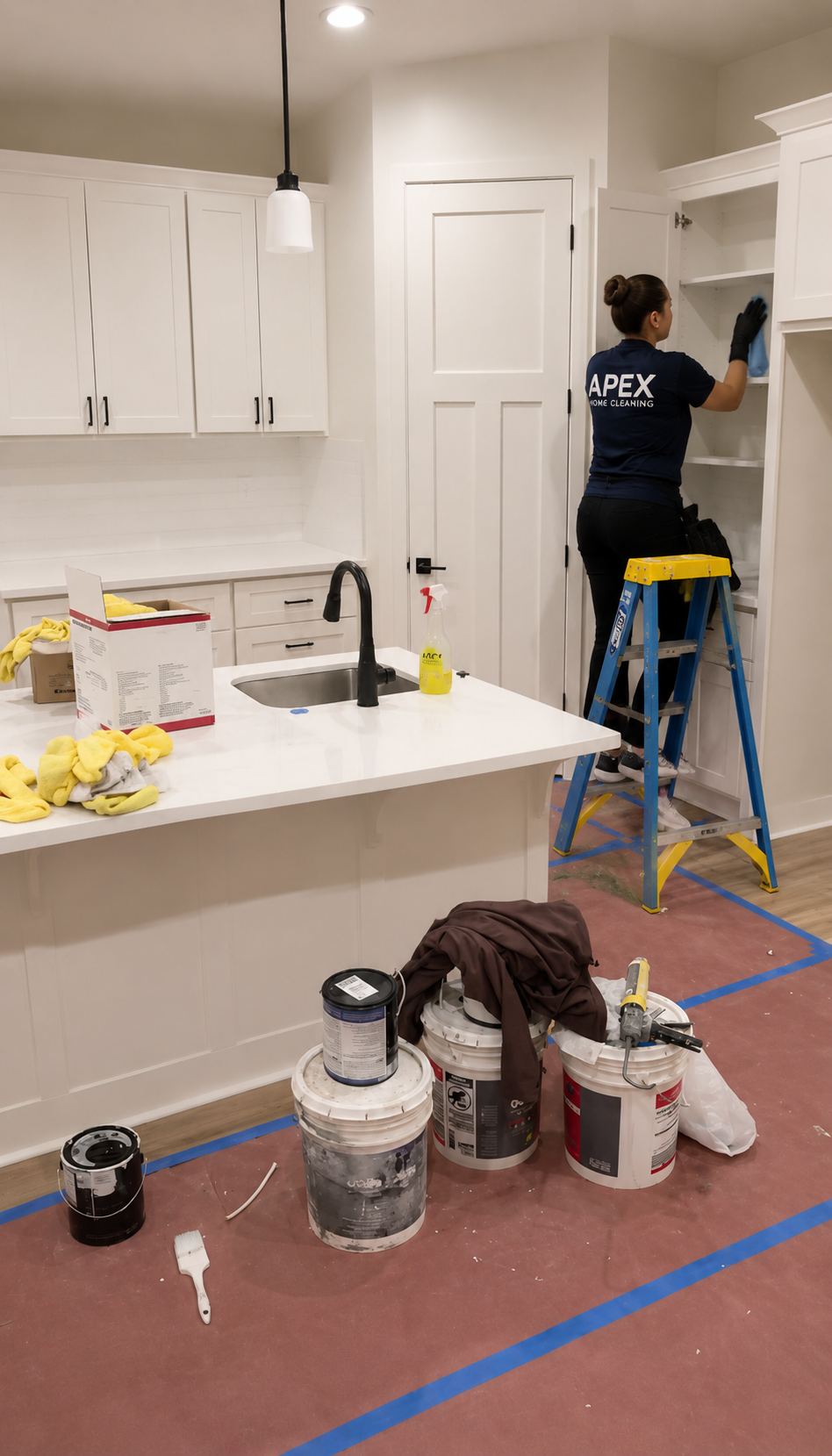 Apex pro detailing cabinetry in a Murrieta kitchen mid-finish, with paint buckets and tape still on site