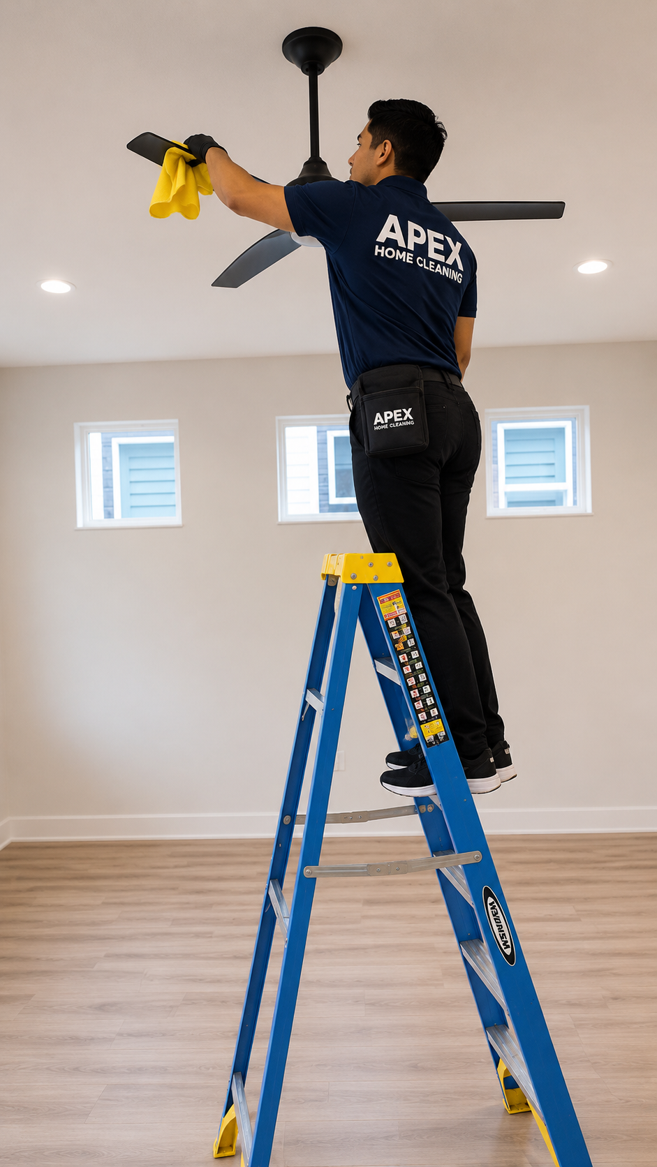 Apex pro on a ladder dusting a ceiling fan in a freshly finished Perris home