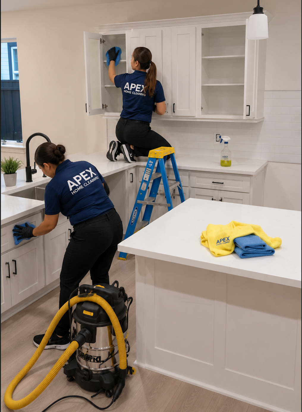 Apex post-construction crew detailing a newly built Riverside kitchen