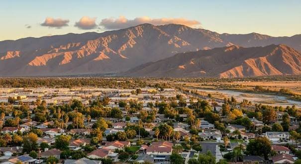 San Jacinto neighborhoods with the San Jacinto Mountains rising behind at sunset
