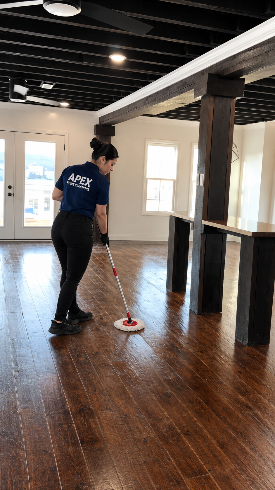 Apex pro mopping hardwood floors in a freshly renovated Temecula home