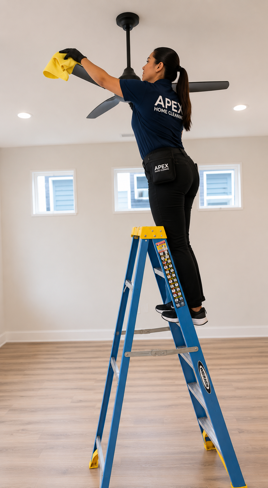 Apex pro on a ladder dusting a ceiling fan in a freshly finished Wildomar home