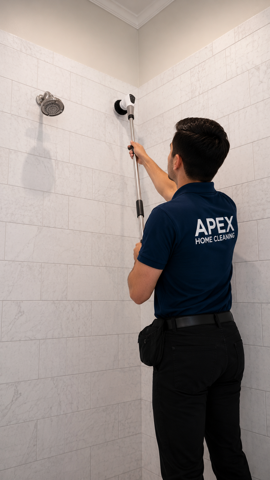 Apex pro scrubbing marble shower tile in a newly finished Wildomar bathroom