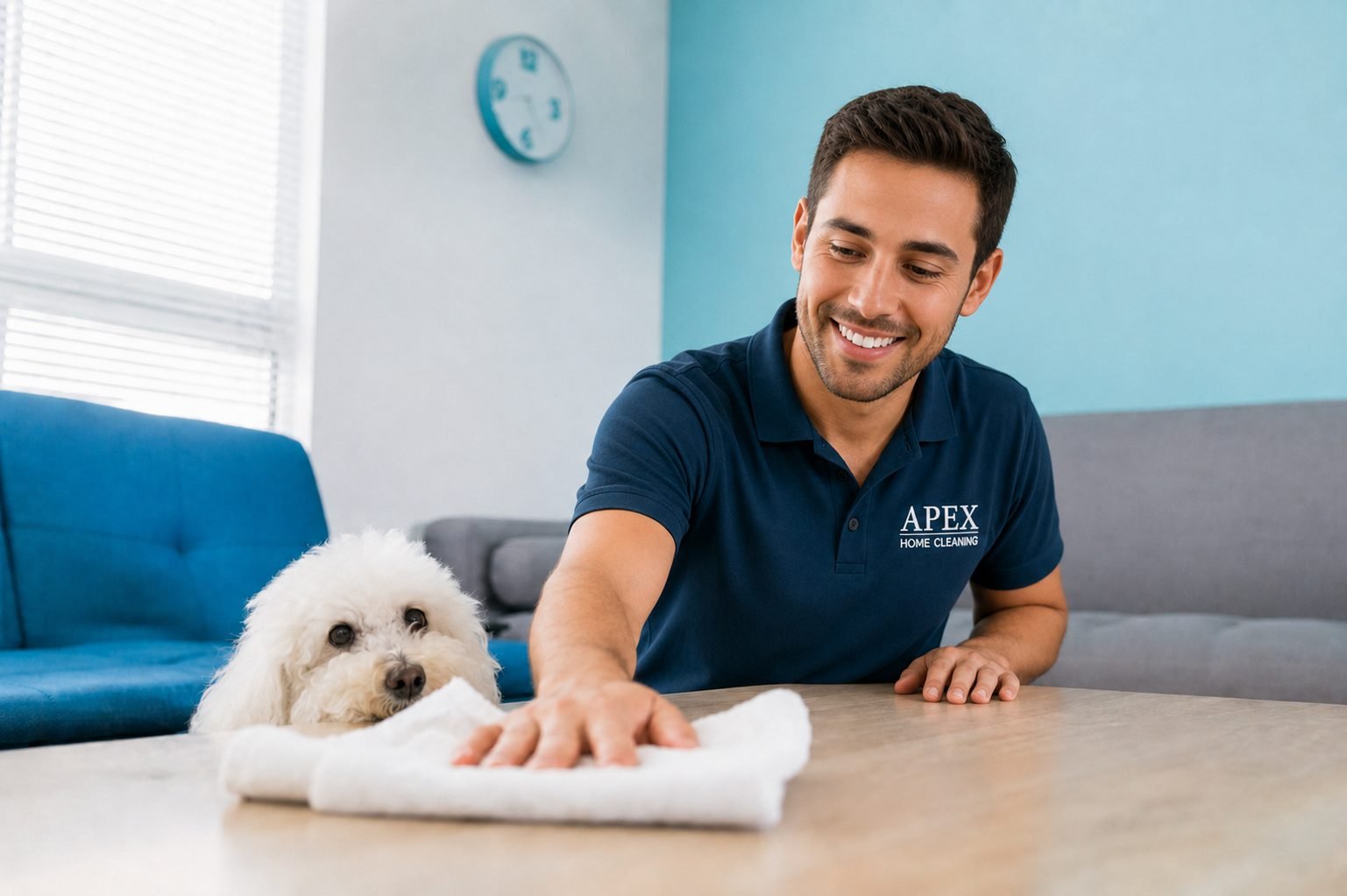 Smiling Apex pro wiping a table beside a friendly dog on a recurring visit in Canyon Lake