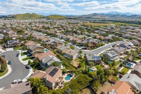 Aerial view of master-planned neighborhoods in French Valley, California
