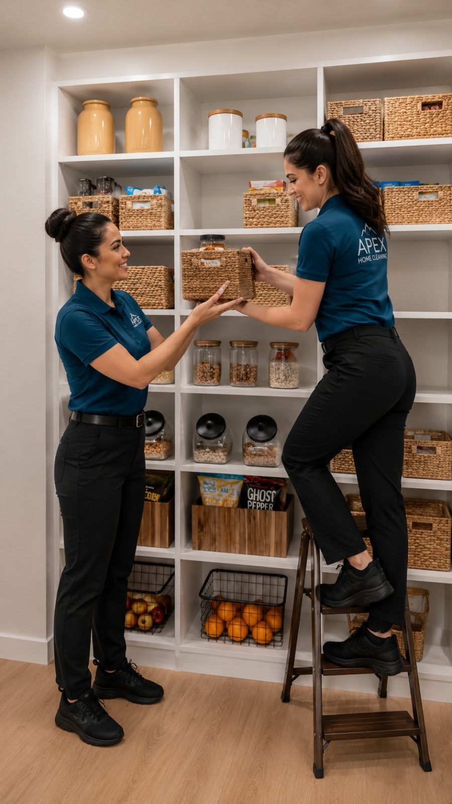 Two Apex pros organizing a home pantry during a recurring visit in Lake Elsinore