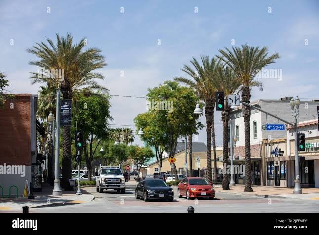 Palm-lined downtown street in Perris, California