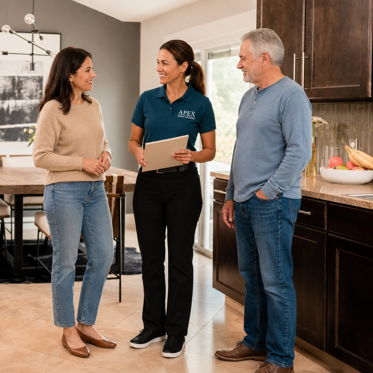 Apex team member reviewing a recurring cleaning plan with a Perris couple in their kitchen