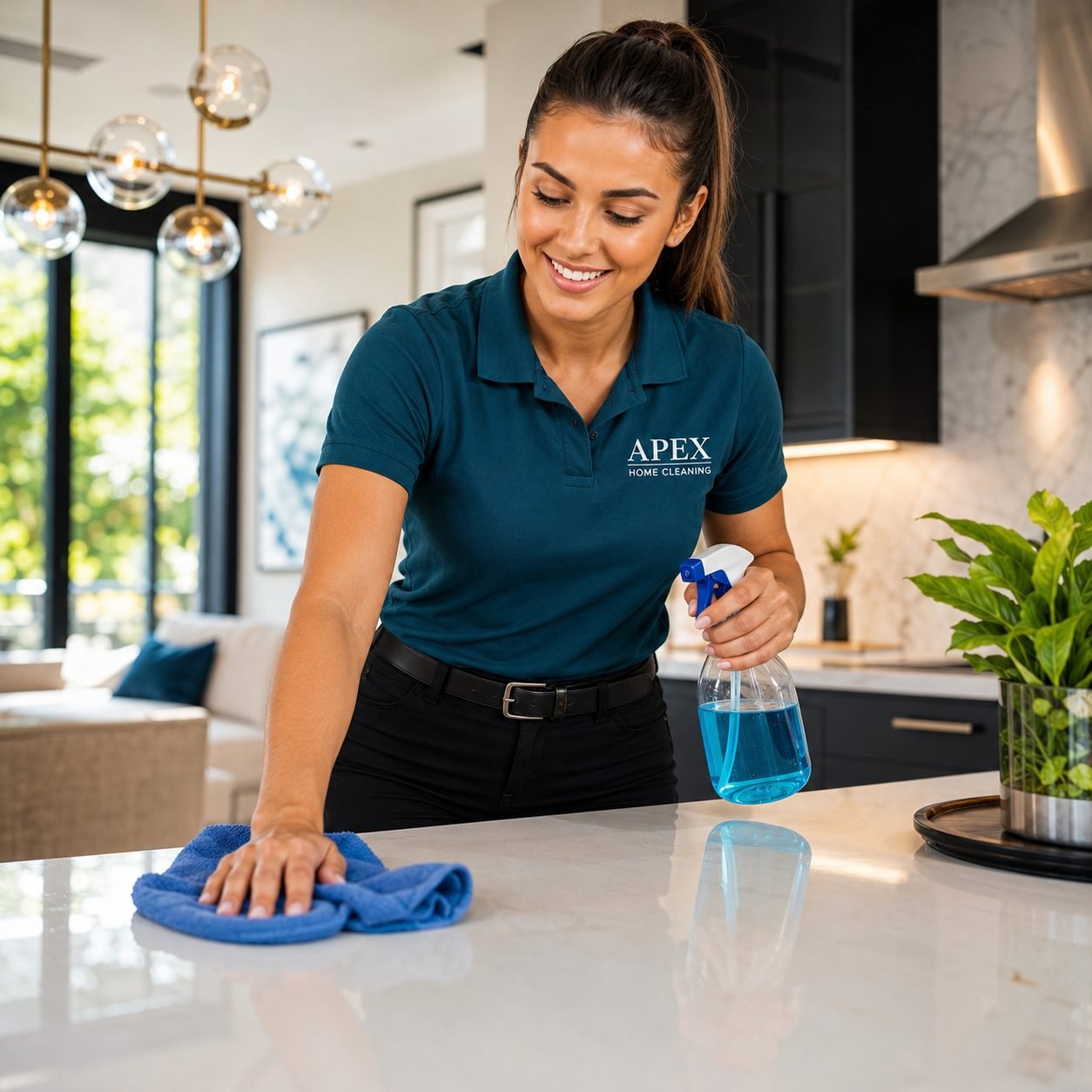Apex pro wiping down a kitchen countertop on a recurring visit in Perris