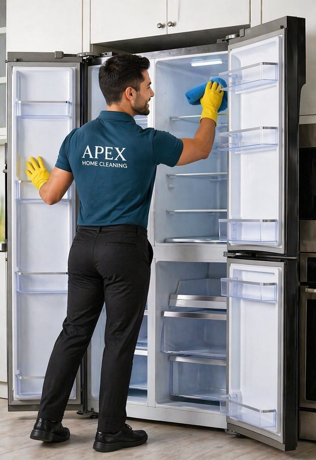 Apex pro cleaning the inside of a refrigerator during a recurring clean in Perris