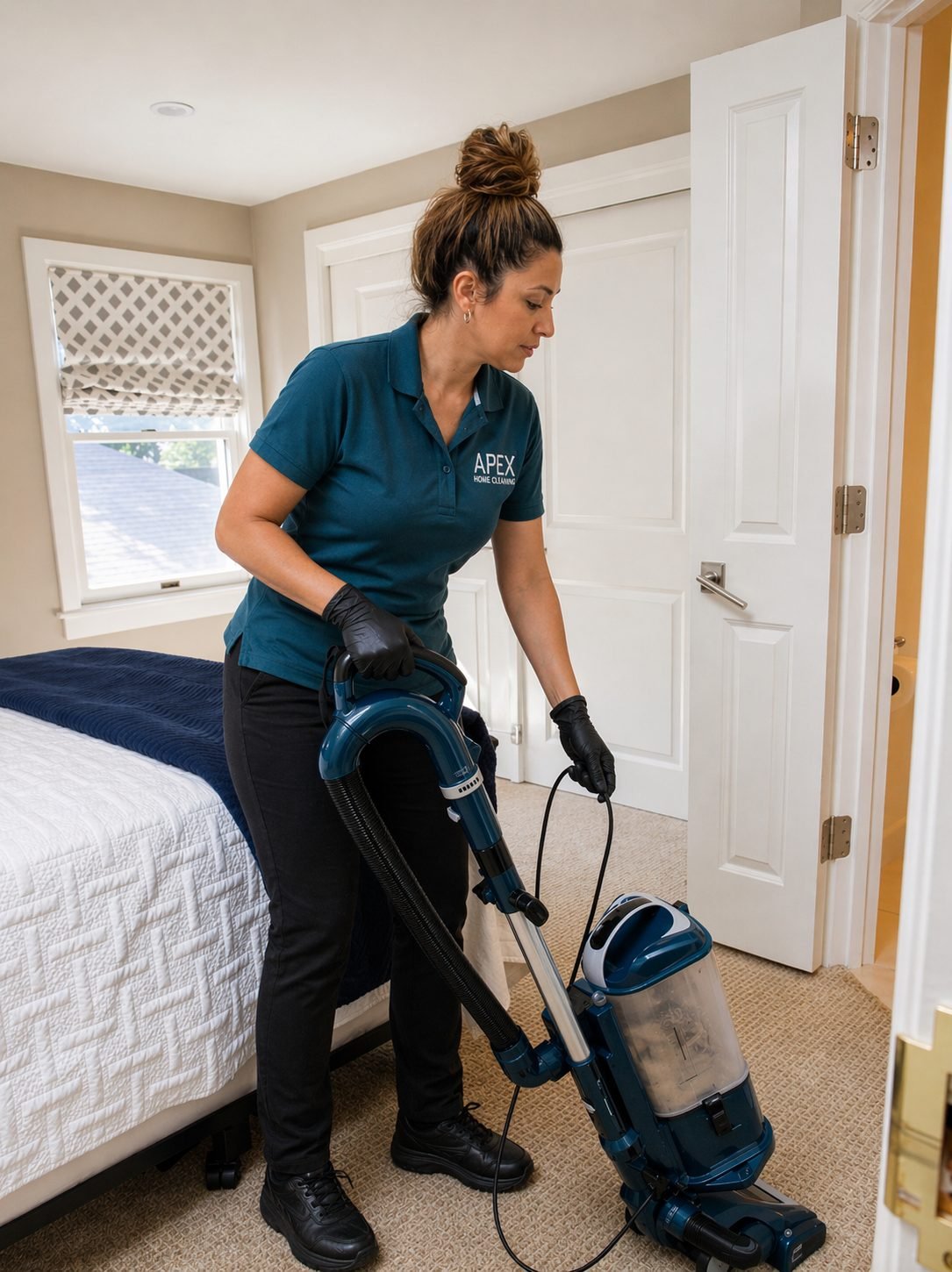 Apex pro vacuuming a bedroom on a recurring visit in Riverside