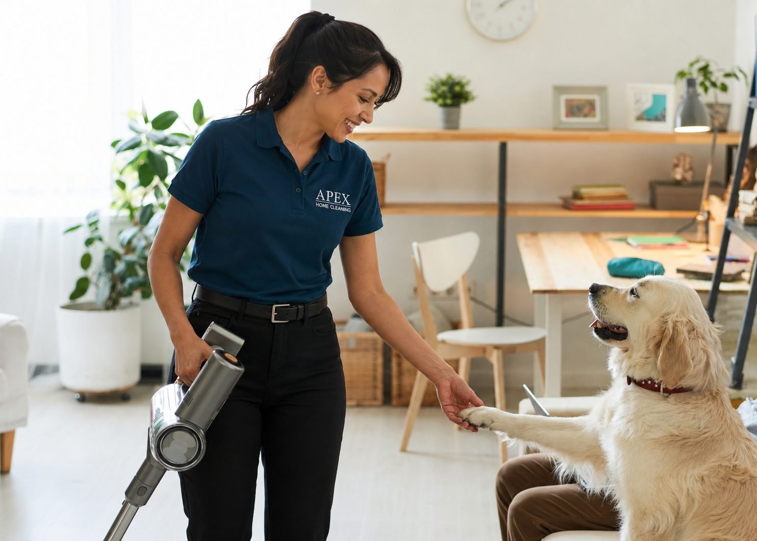 Apex pro vacuuming a Wildomar living room with the family dog