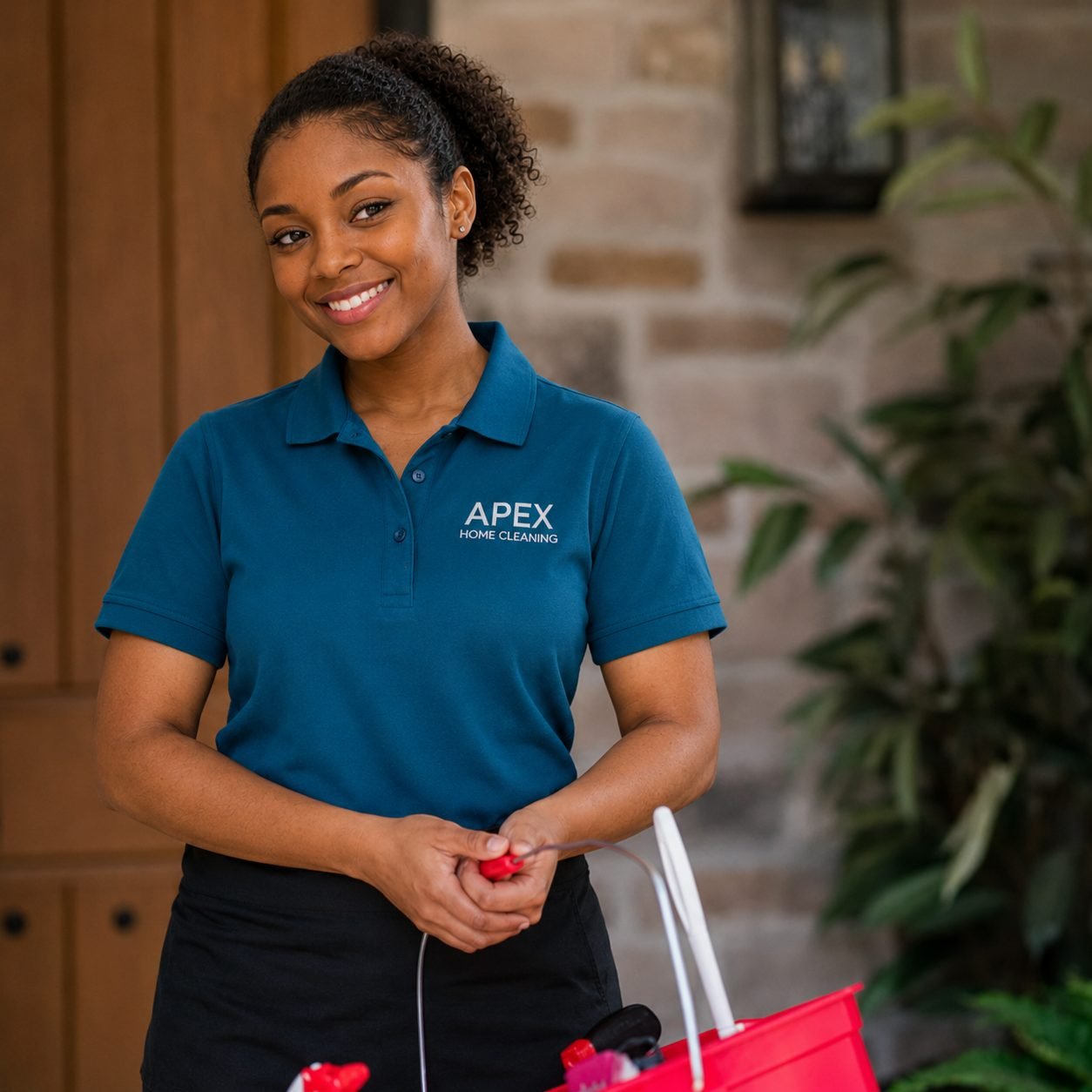 Smiling Apex Home Cleaning professional arriving for a recurring visit in Winchester