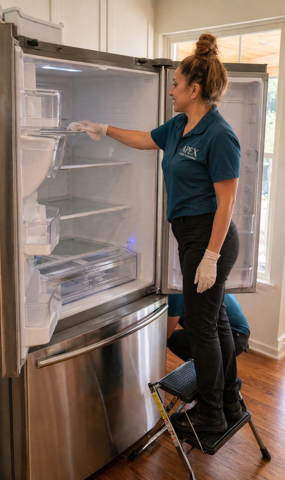 Apex cleaning professional cleaning the inside of a refrigerator in a Corona kitchen
