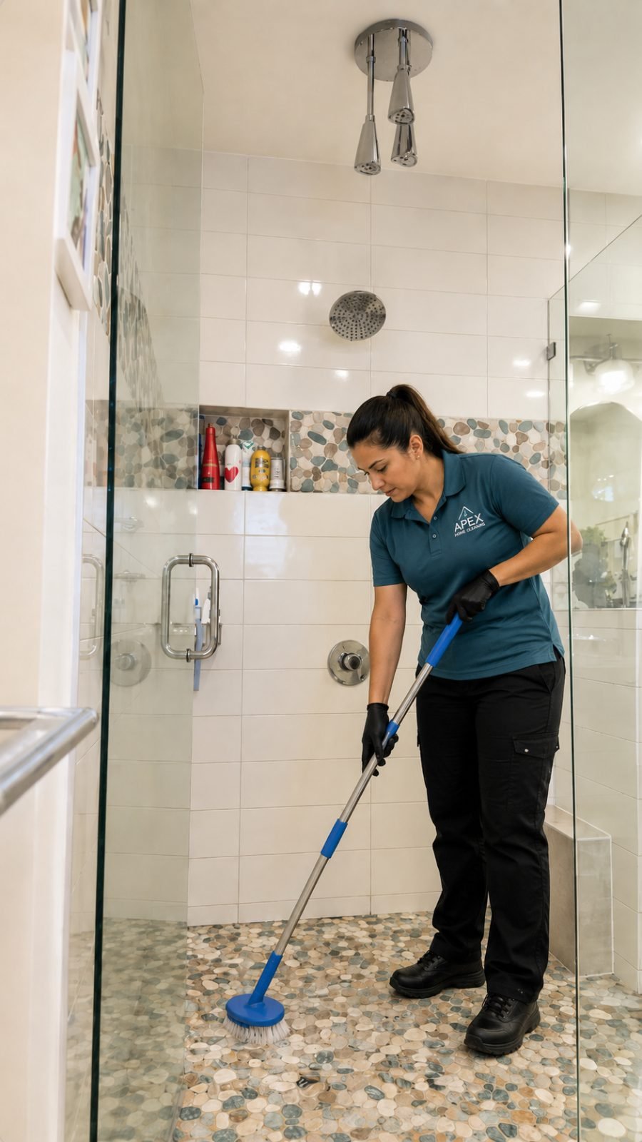 Apex cleaning professional scrubbing a tiled shower floor in a Corona bathroom