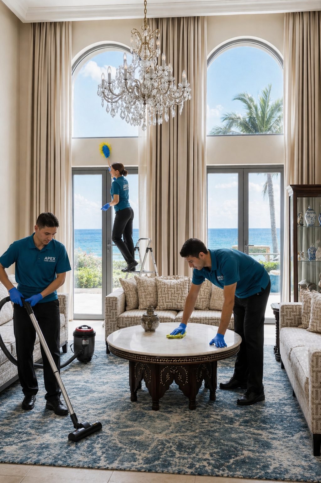 Apex cleaning team dusting, vacuuming, and wiping surfaces in a bright Fallbrook living room