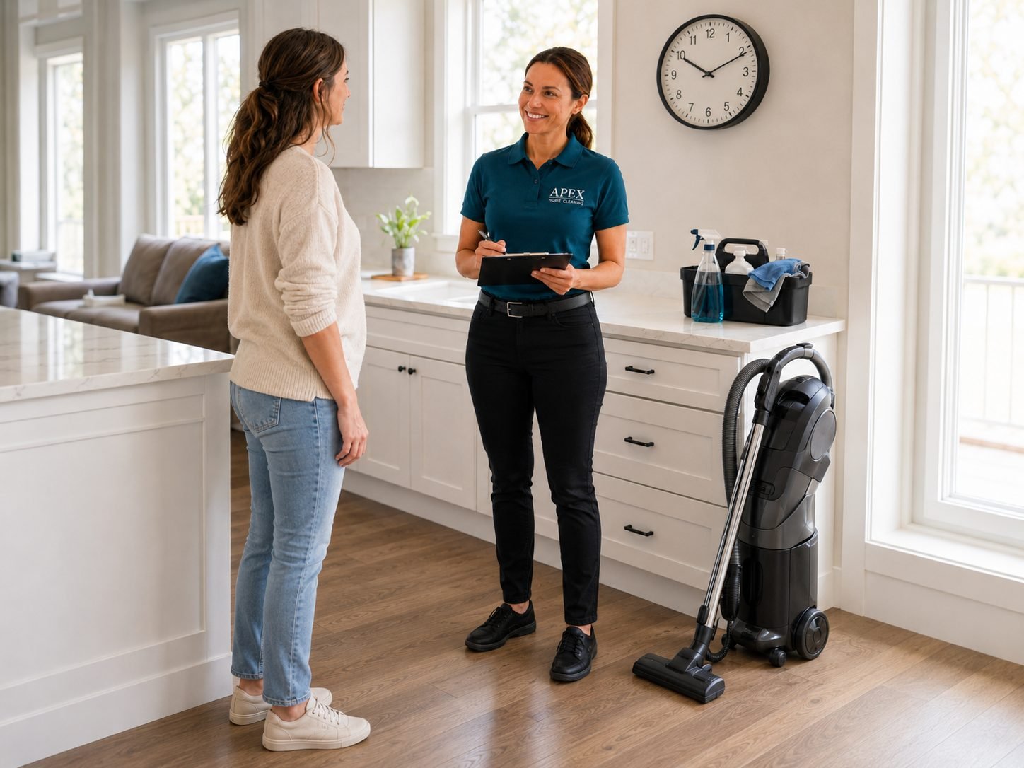 Apex cleaning professional reviewing a residential cleaning plan with a French Valley homeowner in her kitchen