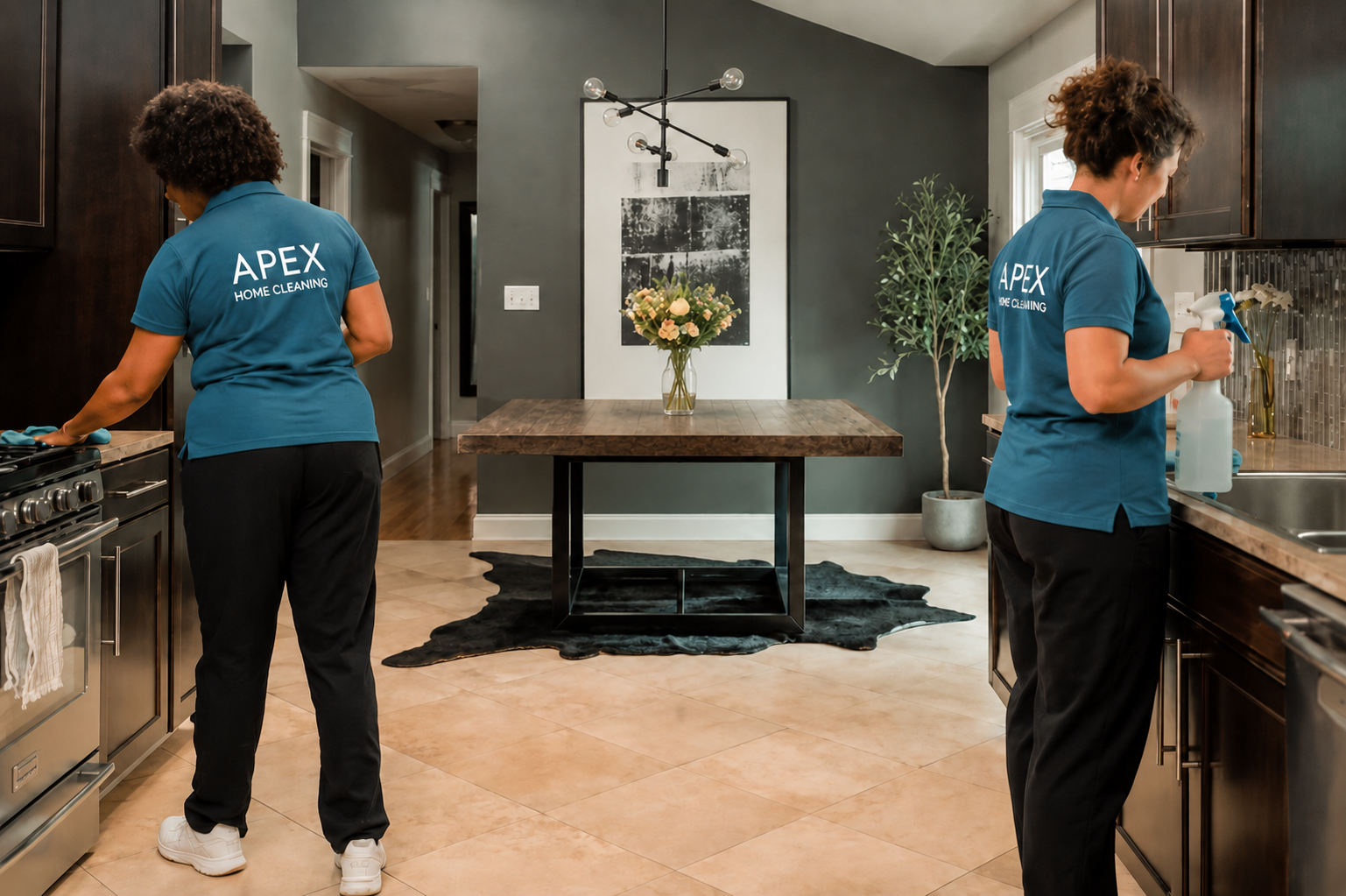 Two Apex cleaning professionals working together in a French Valley kitchen and dining area