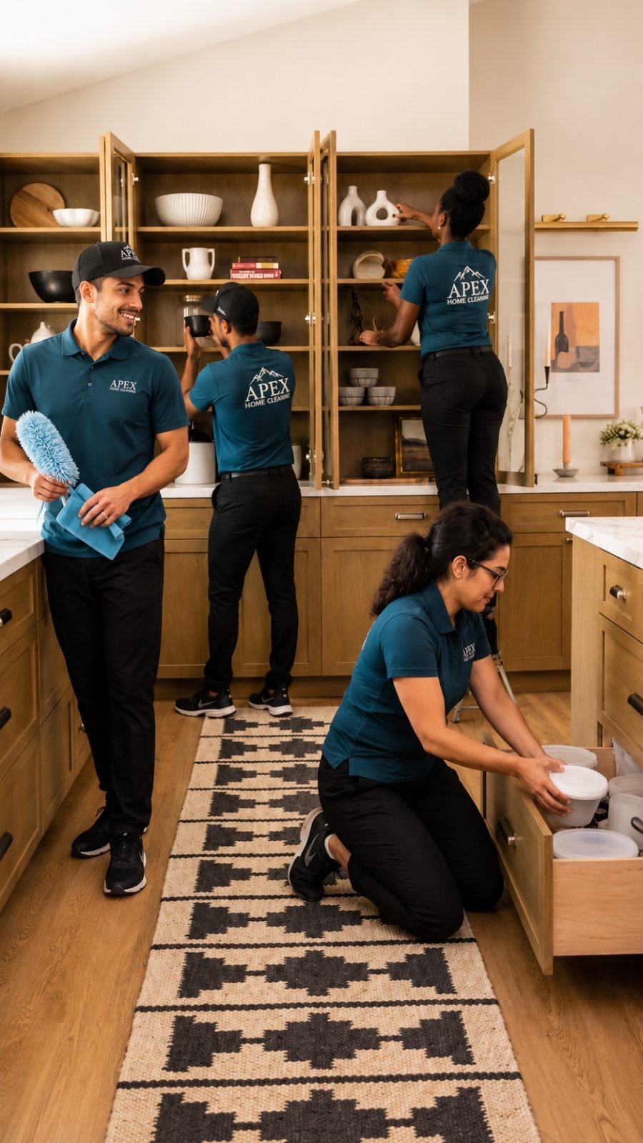 Two Apex cleaning professionals mopping the floor and wiping the railing of a grand staircase in a Lake Elsinore home