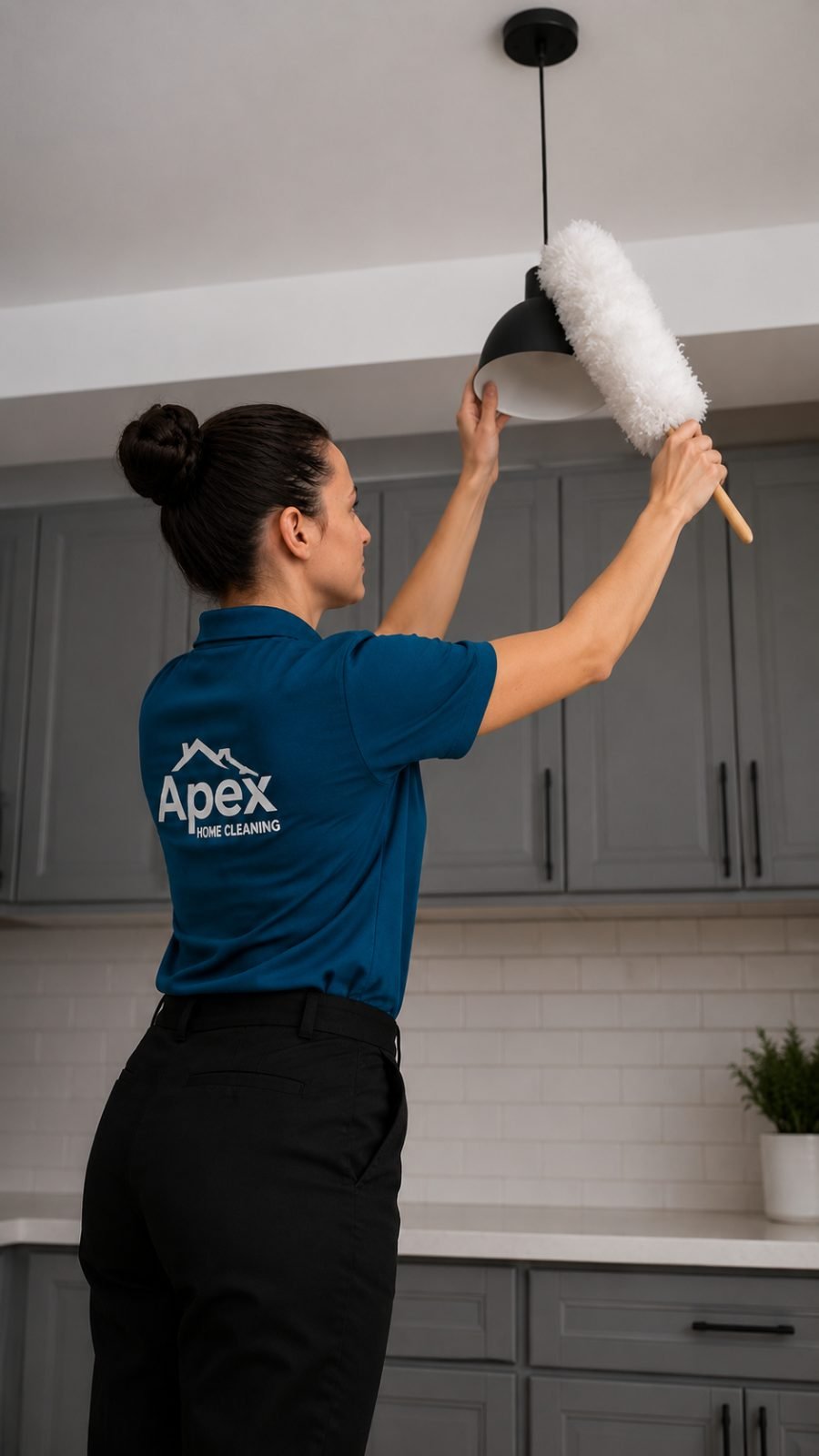 Apex cleaning pro dusting a kitchen light fixture in Murrieta