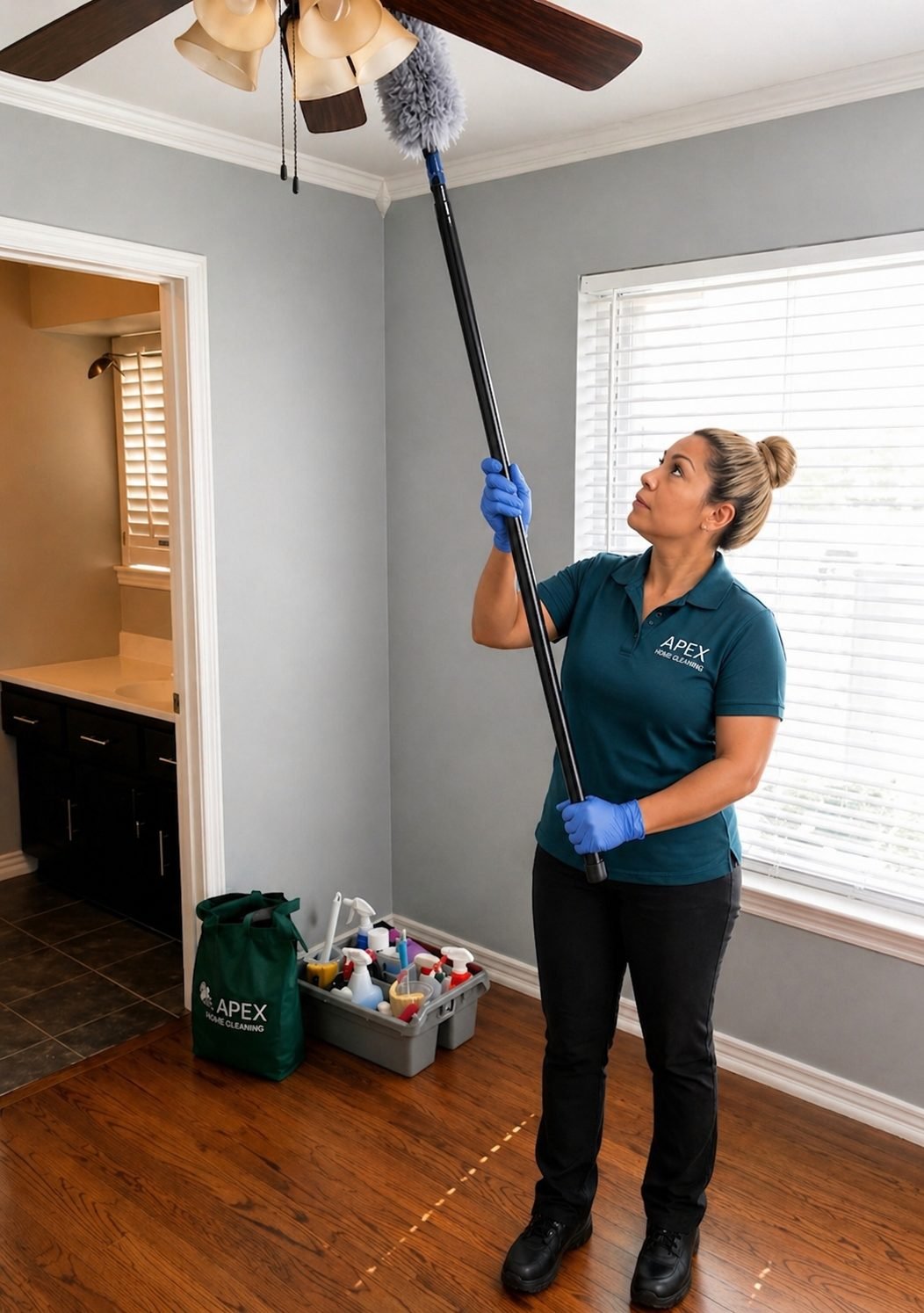 Apex cleaning professional dusting a ceiling fan with an extension duster in a Menifee home