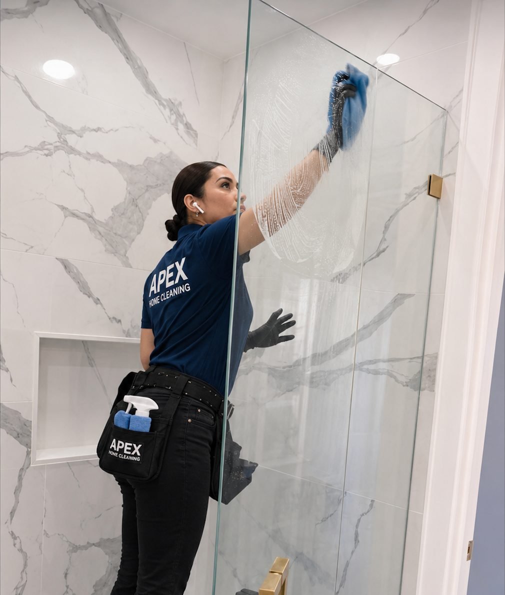 Apex cleaning professional polishing a glass shower enclosure in a Menifee home