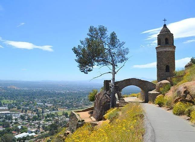 The Mount Rubidoux peace tower and historic stone bridge overlooking the city of Riverside, California