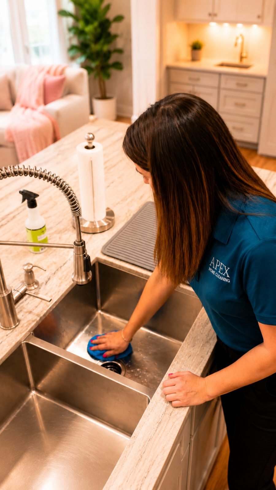 Apex cleaning professional scrubbing a stainless steel kitchen sink in a San Jacinto home