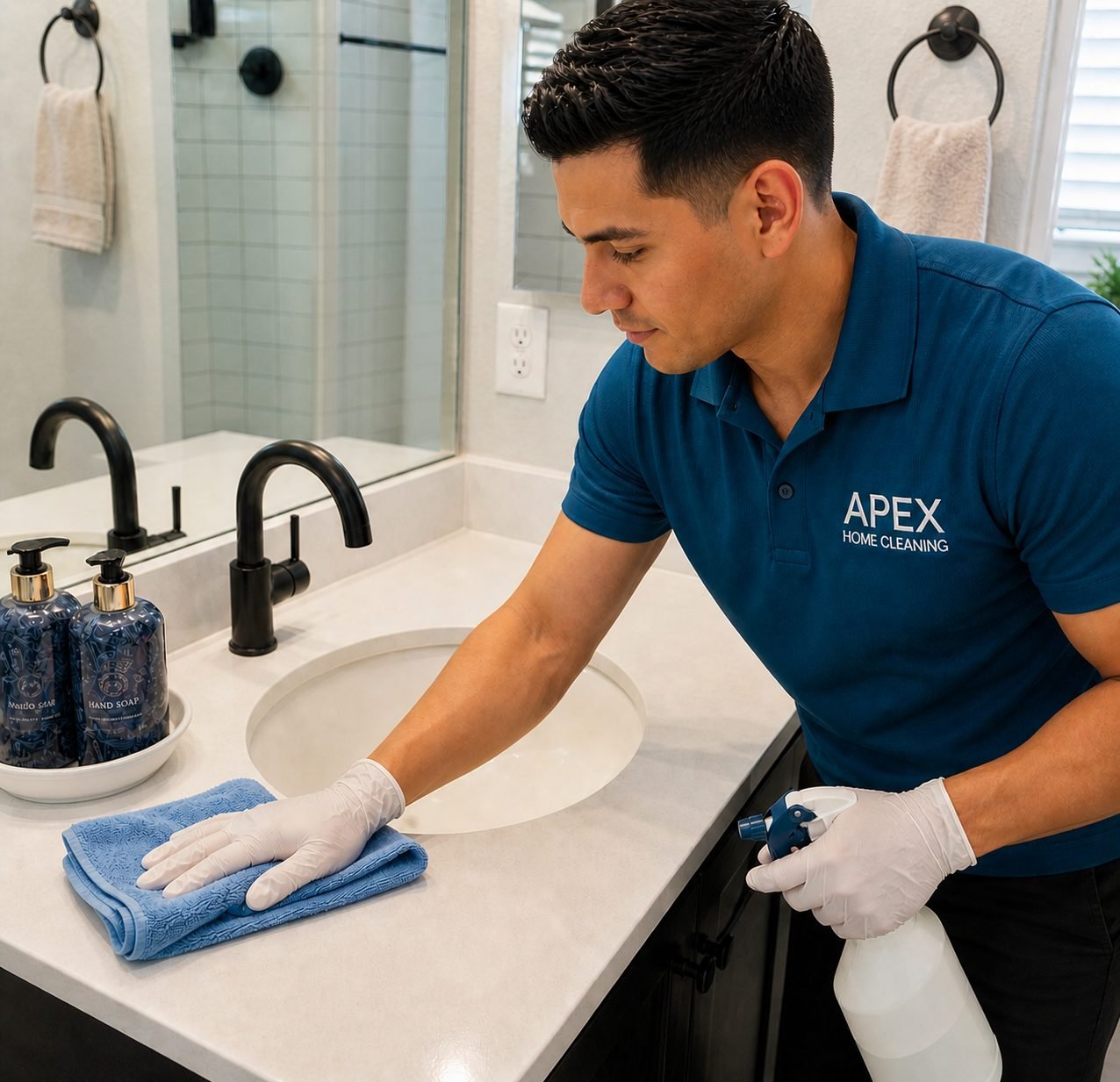 Apex cleaning professional wiping down a bathroom vanity in a Temecula home