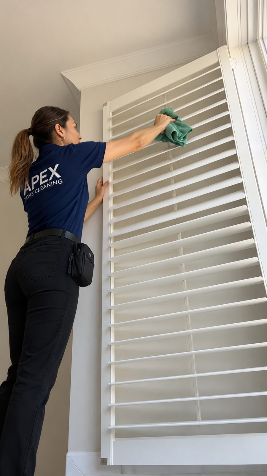 Apex cleaning professional dusting plantation shutters in a Temecula home