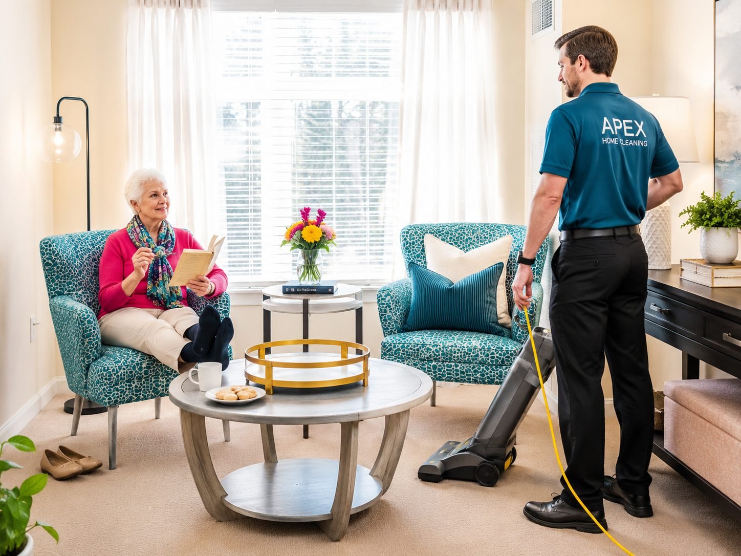 Apex cleaning professional vacuuming a Fallbrook living room while the homeowner relaxes and reads nearby