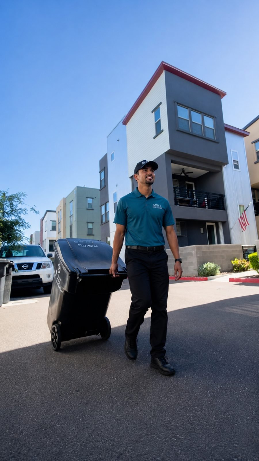 Apex cleaning professional wheeling a trash bin to the curb outside a Fallbrook home