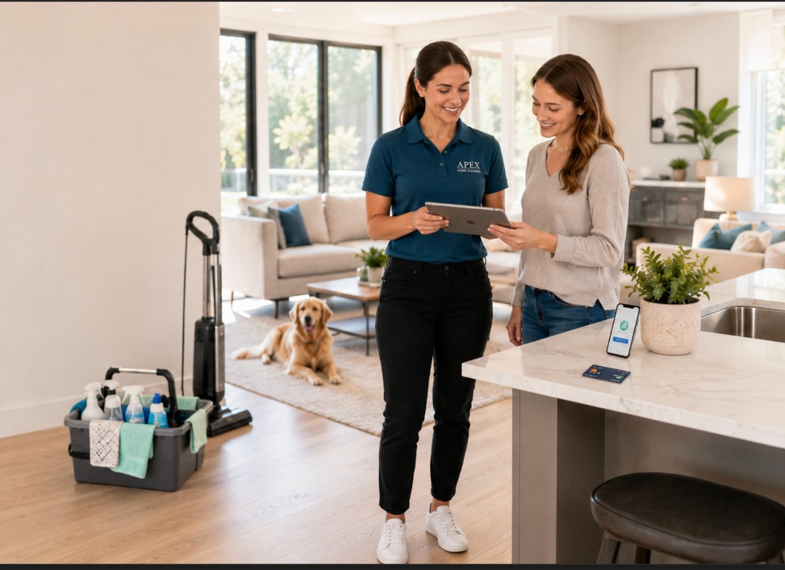 Apex cleaning professional reviewing a booking on a tablet with a French Valley homeowner as their golden retriever rests nearby