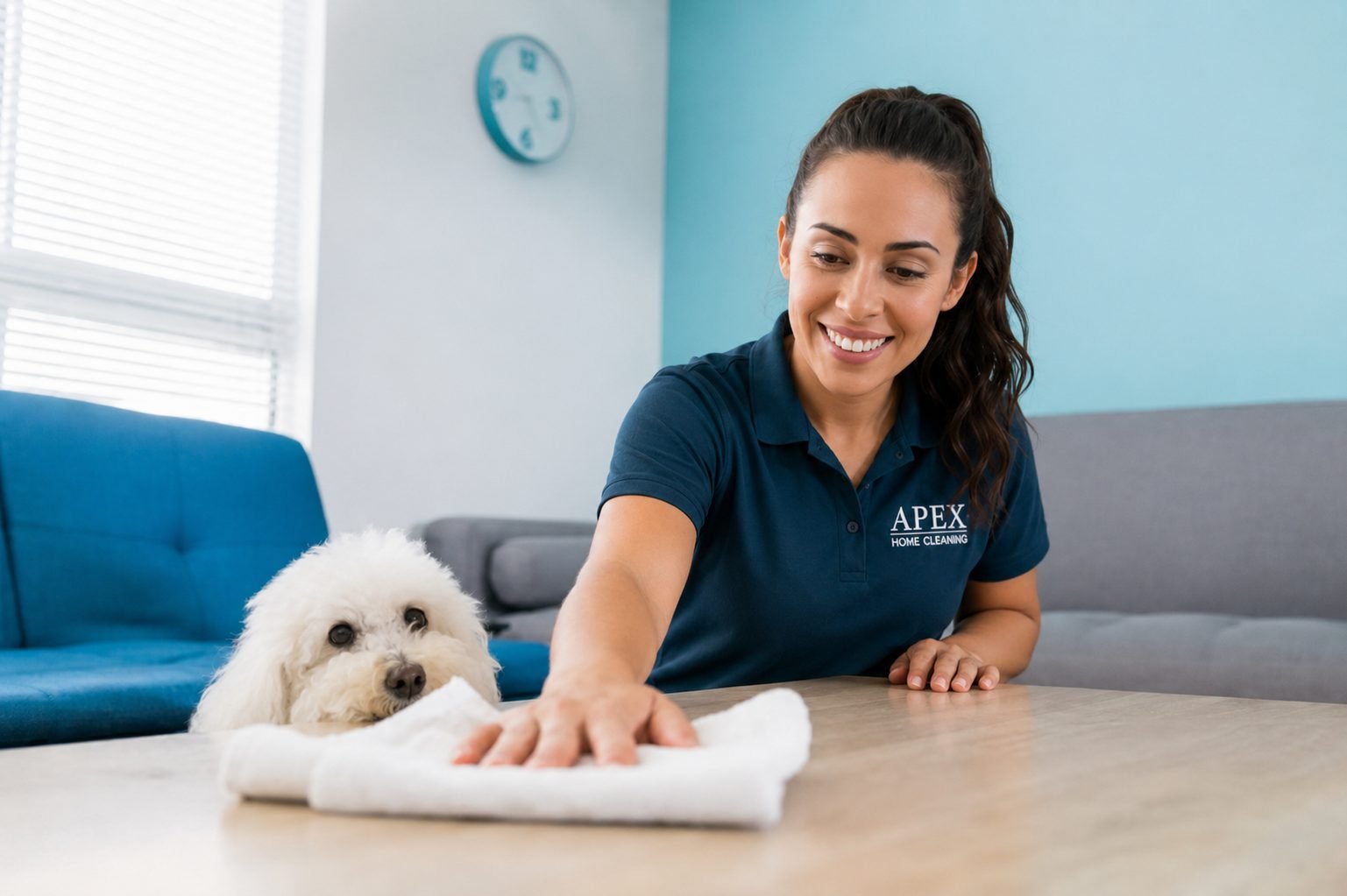 Smiling Apex cleaning professional wiping down a table while a small white dog watches in a French Valley home