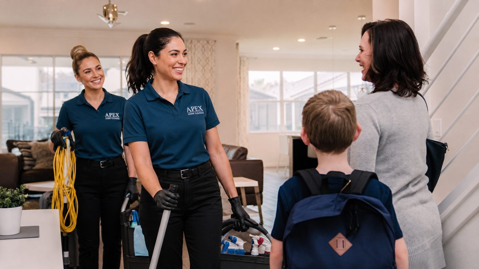 Apex cleaning team arriving with equipment and greeting a Hemet mother and her son at home