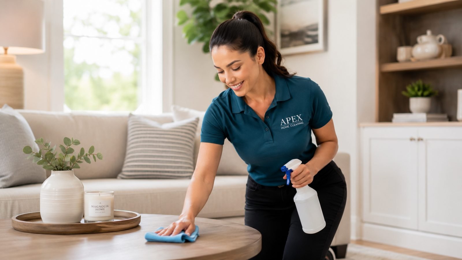 Apex cleaning pro wiping a living room table in a Murrieta home