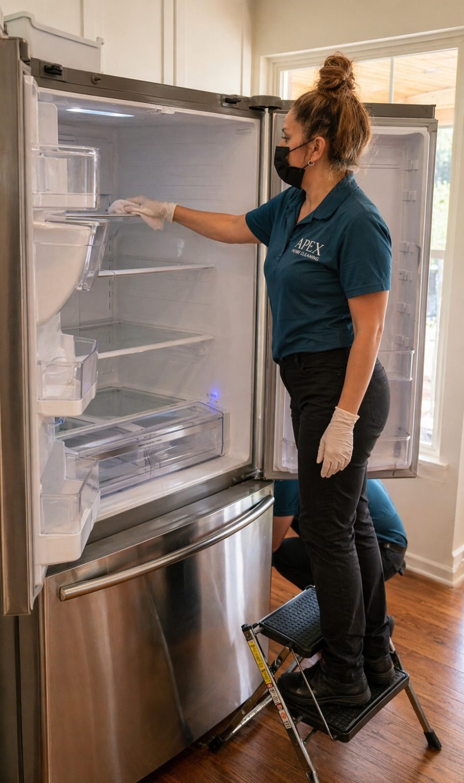 Apex cleaning professional wiping down the interior shelves of a refrigerator in a Wildomar kitchen