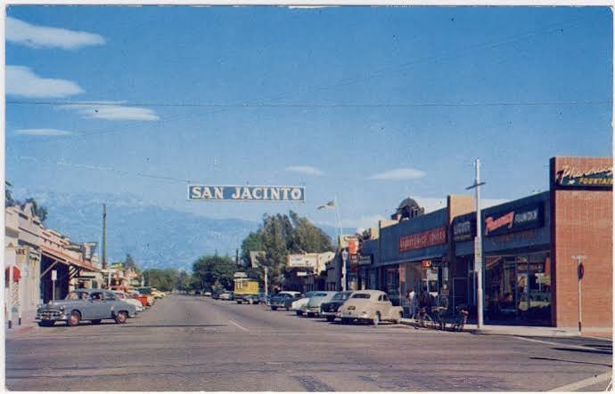 Historic Main Street in San Jacinto with the San Jacinto Mountains in the distance