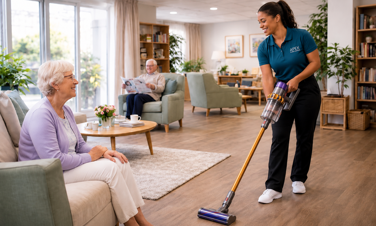 Apex pro vacuuming the living room while a senior couple relaxes at home in Canyon Lake